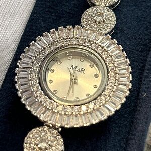 MAR Jewelry Silver Watch with white emerald cut crystals NIB Gorgeous!